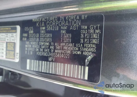 2025 Kia Sorento Plug-In Hybrid Sx Prestige from USA, damaged, VIN KNDRMDJH9S5414021